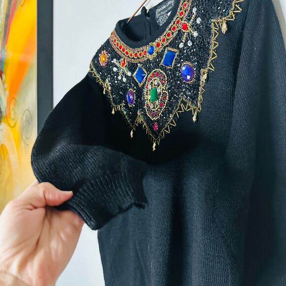 CAROLE LITTLE Vintage Jewel Embroidered 100% Black Wool Sweater Size Large - Picture 5 of 11